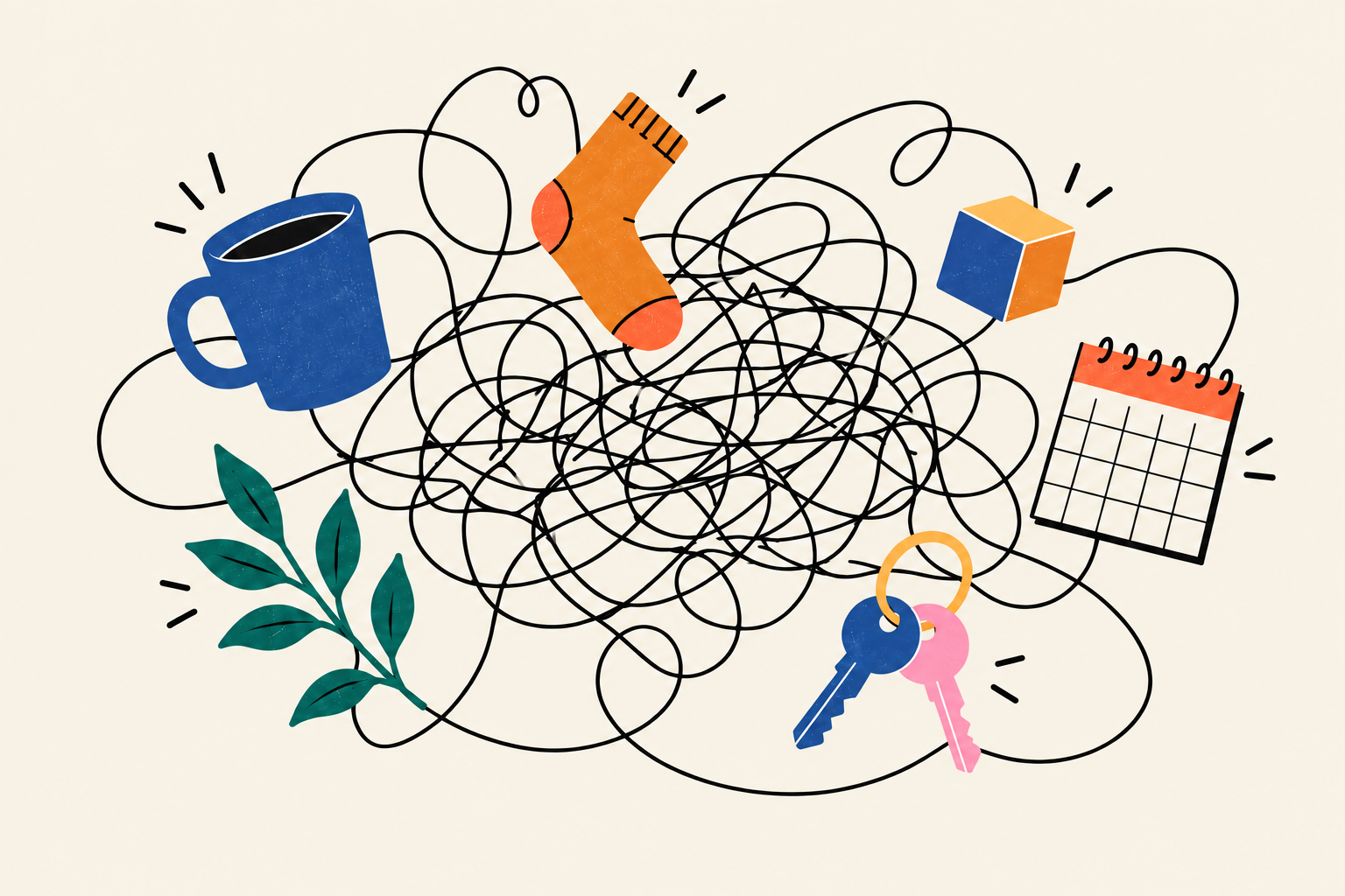 Original playful illustration of keys, a mug, a sock, and everyday objects floating around a tangled thought cloud